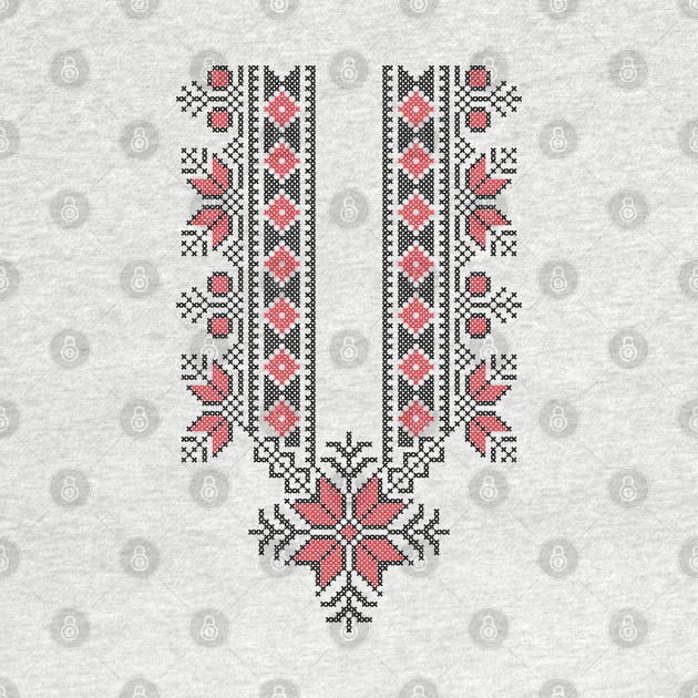 Palestinian Jordanian Traditional Tatreez Realistic Embroidery Pattern Design #14 blk-red by QualiTshirt